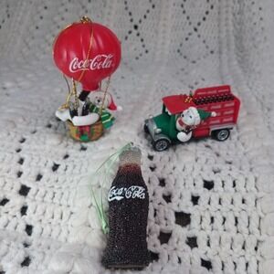 3 Coca Cola Christmas Ornaments Glitter Beaded Bottle Hot Air Balloon Polar Bear